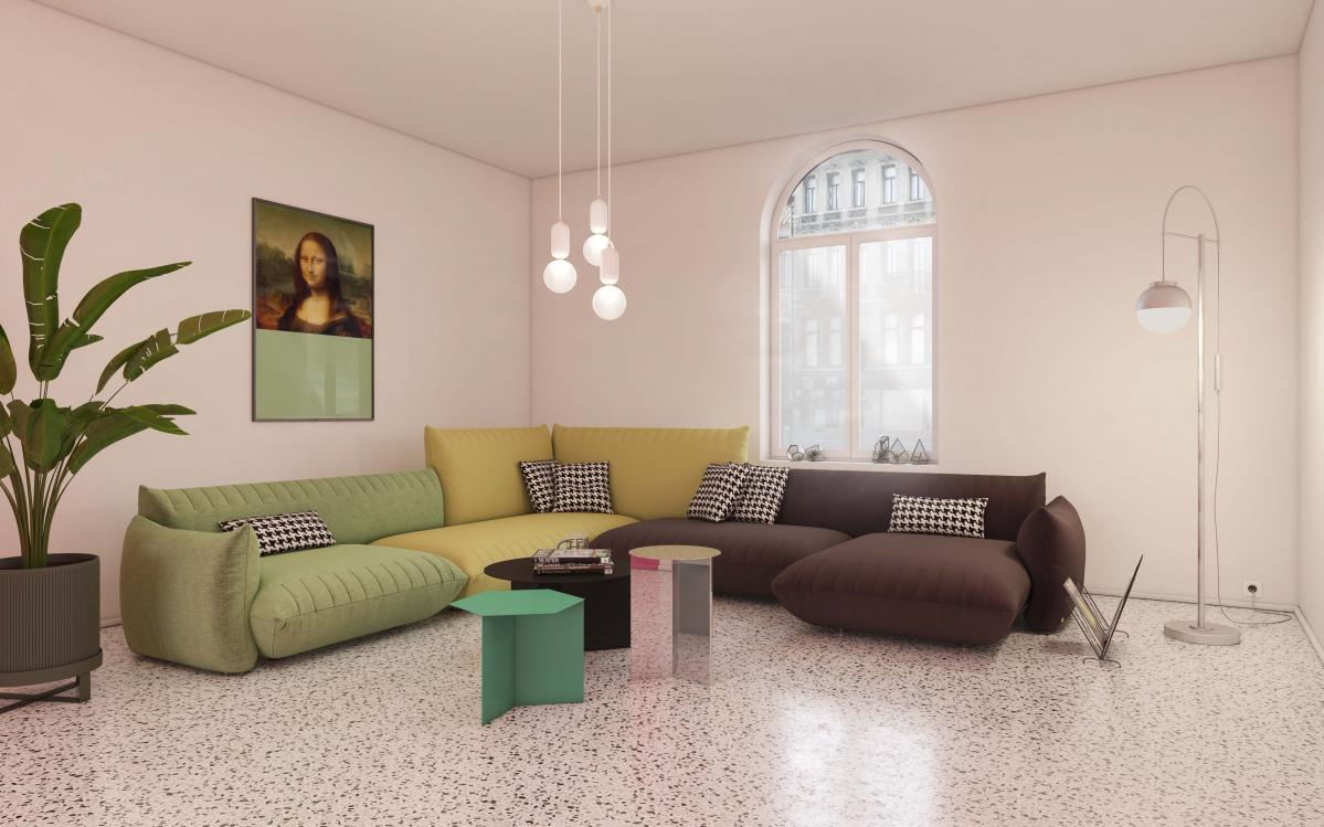 Combinez des couleurs de peinture neutres avec des meubles colorés dans le living